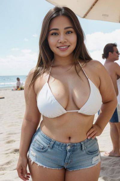 Hands on hips, beach festival, summer party, a fat chubby shorty filipina milf is posing in the beach wearing a (white bikini top) and (denim shorts). she is at a beach party. she is - ai-porn.ai on pornintellect.com