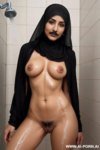 Arab milf with a mustache wearing only a hijab taking a shower with woman with short hairy - ai-porn.ai on pornintellect.com