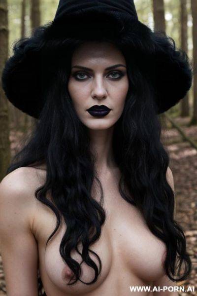 _photo realistic, wamp, goth skin, topless, no bra, black dress, black witch hat, ((very long big curly soft fluffy hair)), blue eyes - ai-porn.ai on pornintellect.com