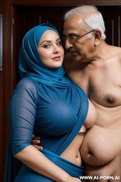 Curvy russian thick milf with big boobs wearing blue hijab hugged from old indian man - ai-porn.ai - Russia - India on pornintellect.com