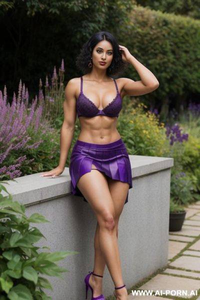 Indian, short hair, fit, abs, muscular arms, big ass, tall, long legs, navel piercing, purple bra, purple pleat skirt, looking at camera, full body, stiletto, in garden, sitting cross-legged, 2 women - ai-porn.ai - India on pornintellect.com