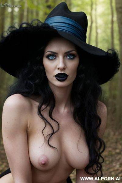 _photo realistic, wamp, goth skin, topless, no bra, black dress, black witch hat, ((very long big curly soft fluffy hair)), blue eyes, doing blowjob to her man - ai-porn.ai on pornintellect.com