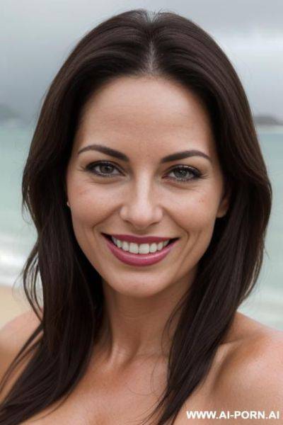 (((beautiful sexy attractive))) closeup milf, beach, overcast cloudy day with diffuse soft light, (eye contact), happy smile, [[lipstick]] - ai-porn.ai on pornintellect.com