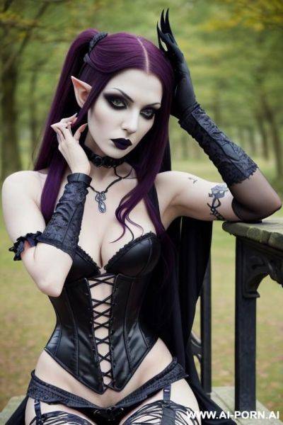 Woman, elf, gothic dress, ponytail hair, sitting on the bench, knees together, legs apart, barefoot - ai-porn.ai on pornintellect.com