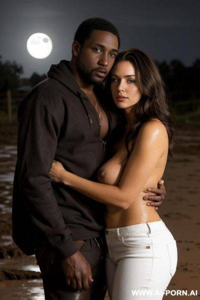 Nude white milf, hugging clothed homeless poor blackman wearing pants , in mud - ai-porn.ai on pornintellect.com
