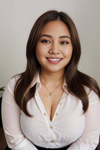 Headshot, front view, a fat chubby shorty filipina milf is posing in a studio. she is smiling. she has blonde highlights in her hair. the woman has long brown straight hair with blonde - ai-porn.ai on pornintellect.com