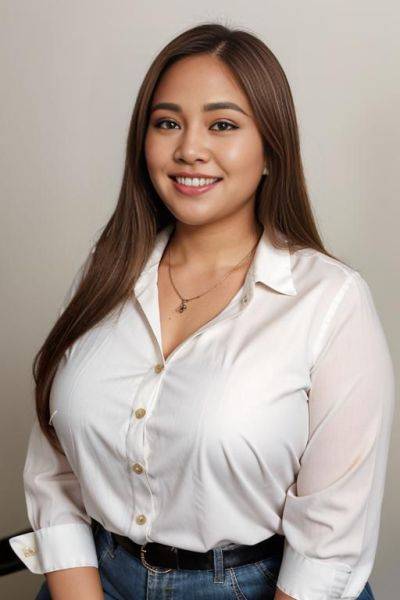 Adjusting hair, headshot, front view, a fat chubby shorty filipina milf is posing in a studio. she is smiling. she has blonde highlights in her hair. the woman has long brown straight hair - ai-porn.ai on pornintellect.com