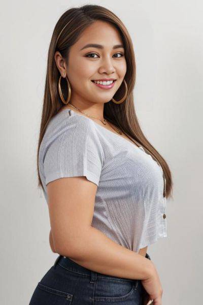 Arms behind. double chin, front facing, headshot, front view, a chubby shorty filipina milf is posing in a studio. she is smiling. she has blonde highlights in her hair. the woman has long - ai-porn.ai on pornintellect.com