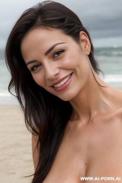 (((beautiful sexy attractive))) milf, beach, overcast cloudy day with diffuse soft light, (eye contact), happy smile, [[lipstick]], closeup - ai-porn.ai on pornintellect.com