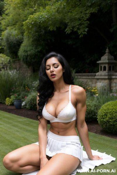 Indian, long hair, fit, abs, muscular arms, big ass, tall, long legs, navel piercing, white bra, white pleat skirt, full body, stiletto, in garden, eyes closed, open mouth - ai-porn.ai - India on pornintellect.com