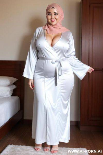 Smiling curvy russian chubby wearing hijab standing opening her robe to show full body naked - ai-porn.ai - Russia on pornintellect.com