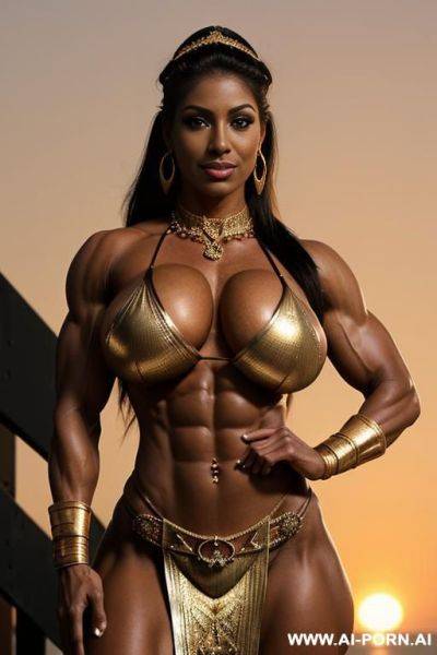 Busty black muscular woman toned with gigantic breast implants. gold tall lace high heels. (big bell shaped boobs). gold choker, earrings, ankle chain, thigh chain. oiled. punk hairstyle. no bra. - ai-porn.ai on pornintellect.com