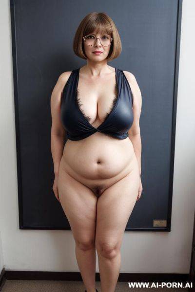 ((full body view)), bottomless, opened shirt, 4 y.o. ((puffy)) teacher with (( very hairy pussy, hairy pubic)) wrting on a blackboard, breasts and puffy belly, (standing legs spread), ((narrow hips)), classroom, blue pumps - ai-porn.ai on pornintellect.com