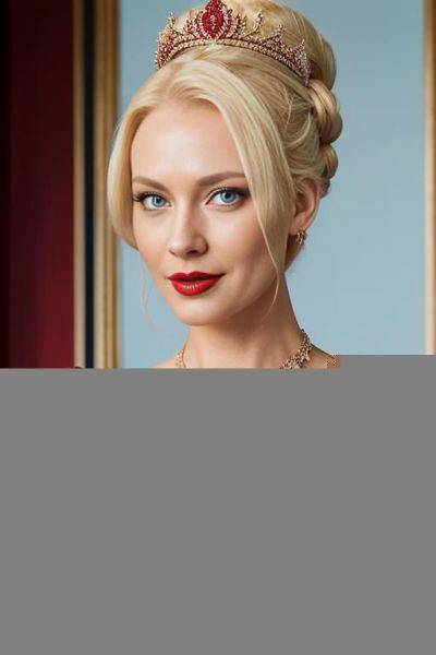 Photo realistic, gorgeous, very beautiful, ((empress in red royal dress, topless)) ((royal palace location)), ((show nipples)), perfect boobs, (white pallid skin), (white skin), red lips, elegant necklace, diamond crown, (light blue eyes) - ai-porn.ai on pornintellect.com