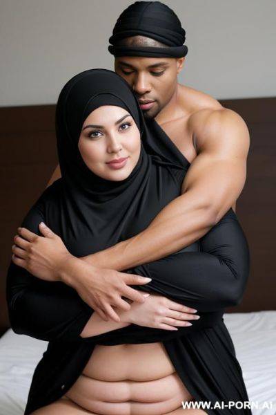 Curvy russian thick wife fully naked wearing hijab hugged from muscle black man - ai-porn.ai - Russia on pornintellect.com