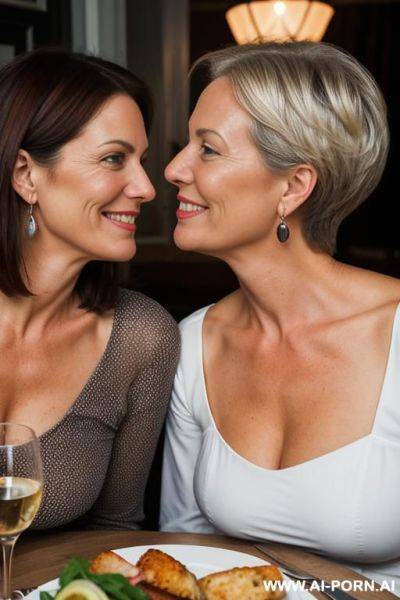 Two middle age women kissing at dinner - ai-porn.ai on pornintellect.com