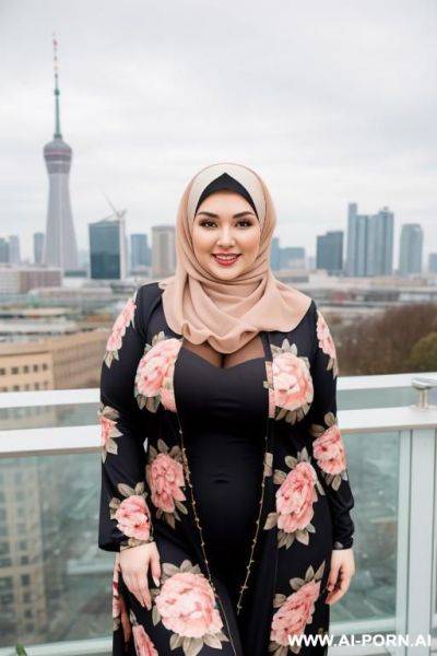 Smiling curvy russian thick wife wearing hijab standing floral - ai-porn.ai - Russia on pornintellect.com