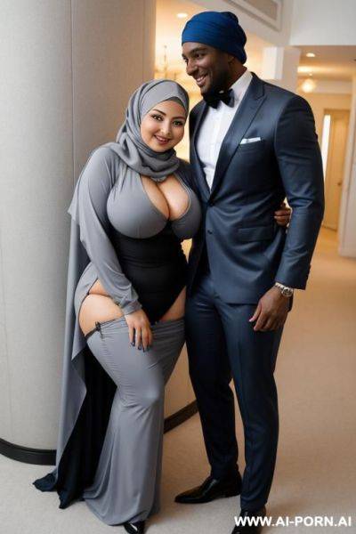 Smiling curvy russian thick wife wearing hijab standing gray and blue hugged from black african man - ai-porn.ai - Russia on pornintellect.com