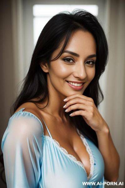 Extremely tanned skin, extremely gigantic boobs, ultra realistic, beautiful face, beautiful eyes, standing straight, bare thighs, bare legs, long pajama top without pants, button-up pajama top, nightshirt - ai-porn.ai on pornintellect.com