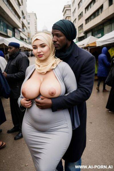 Curvy russian thick wife wearing hijab hugged from homeless topless african man in market - ai-porn.ai - Russia on pornintellect.com