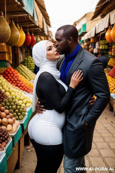 Curvy russian thick wife wearing hijab hugged from african man in african market - ai-porn.ai - Russia on pornintellect.com