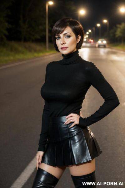 Very pretty sexy beautiful woman, tight skirt, knee high boots, big tits, tit flash, on a road, leather pleated skirt, wool turtleneck, - ai-porn.ai on pornintellect.com