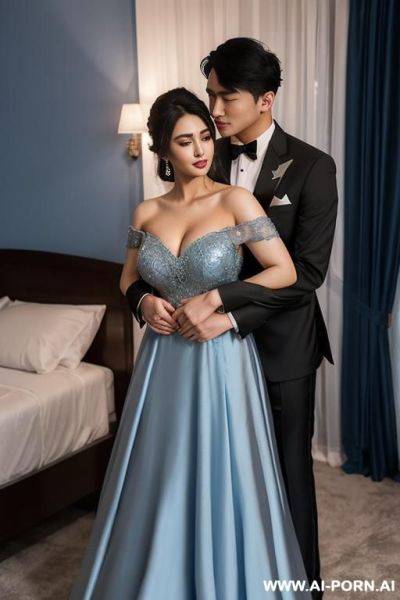 (pakistani woman) (off shoulder blue prom dress (expose breasts)) (hugging (asian male) (tuxedo)) - ai-porn.ai - Pakistan on pornintellect.com