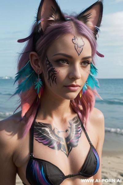 Face, sexy, beautiful, ((face painting)), ((bikini as seashell)), ((tattoo roses)), ((eyes shw)), ((angel wings)), ((rainbow hair)), ((long bu hair)), ((wind)), (( cat face)), (( cat ears)), (((feather - ai-porn.ai on pornintellect.com