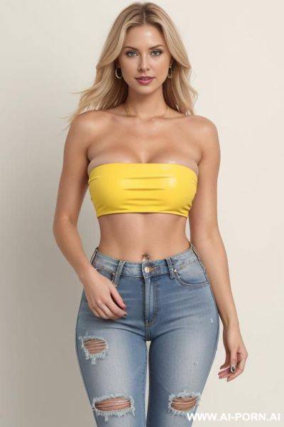 Blonde wearing a cropped yellow strapless tube top with (no bra), ripped jeans, (hard nipples), pokies, tight cameltoe - ai-porn.ai on pornintellect.com