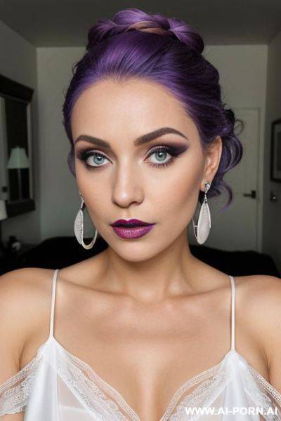 Pretty face, perfectly symmetrical facial features, makeup, earrings, (sheer white short night gown) - ai-porn.ai on pornintellect.com