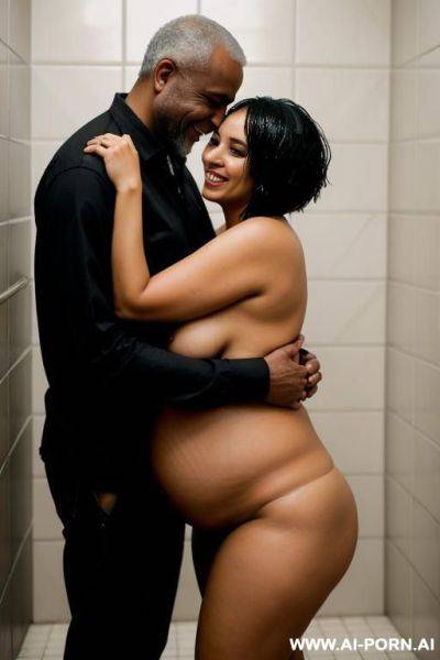 Smiling curvy egyptian pregnant wife with messy short haircut fully naked hugged from old homeless black man in shower - ai-porn.ai - Egypt on pornintellect.com