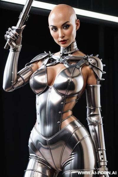 A {bald} {{mechanical}} {{japanese}} {{{transgender}}} {{{femdom}}} {{{android}}} woman with {{{shiny metal skin}}} and {{mechanical joints}}, {{{holding a massive metal dildo}}}, {{she has pointed metal nipples covers}} - ai-porn.ai - Japan on pornintellect.com