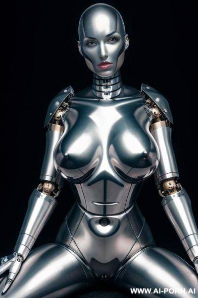 A {bald} {{mechanical}} {{{android}}} woman with {{{shiny metal skin}}} and {{mechanical joints}}, {{{holding a massive metal dildo}}} {{her vagina is spread open by hooks and clamps}} {{she has pointed metal nipples covers}} - ai-porn.ai on pornintellect.com