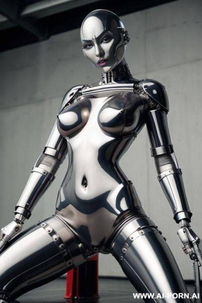 A {bald} {{mechanical}} {{japanese}} {{{android}}} woman with {{{shiny metal skin}}} and {{mechanical joints}}, {{{holding a massive metal dildo}}} {{her vagina is spread open by hooks and clamps}} {{she has pointed metal nipples covers}} - ai-porn.ai - Japan on pornintellect.com