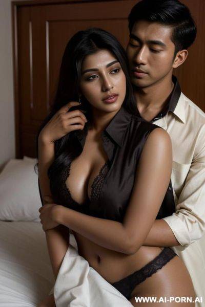 ((dark skinned) (pakistani woman)) (open shirt) (laying on bed) (hugging (asian male)) - ai-porn.ai - Pakistan on pornintellect.com