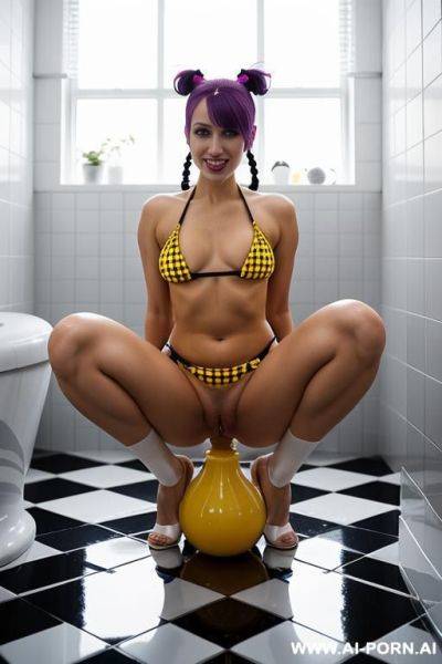 Beautiful woman tottaly naked squatting on the floor, spread pussy lips, yellow fluid streamed down from her vagina, without panties, peeing, legs spread wide, looking directly at the viewer, soft - ai-porn.ai on pornintellect.com