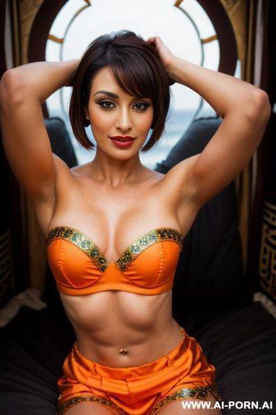Indian, milf, short hair, fit, abs, muscular arms, arms raised, big ass, tall, long legs, blue navel piercing, orange bra, orange pleat skirt, looking at camera, full body, stiletto, in garden, leaning cross-legged, sideways - ai-porn.ai - India on pornintellect.com