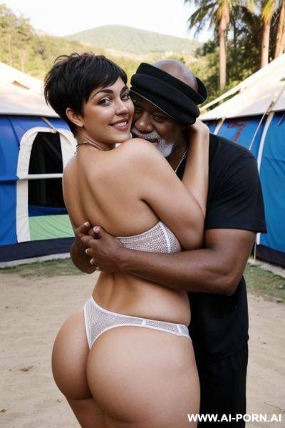Smiling curvy russian busty wife with messy short haircut fully naked hugged from old homeless black man - ai-porn.ai - Russia on pornintellect.com