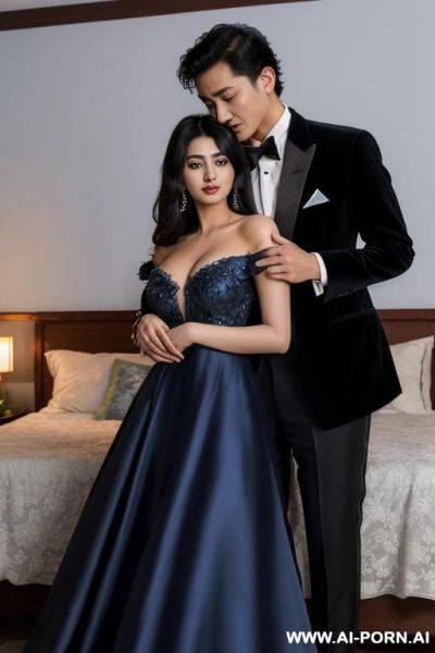(pakistani woman) (off shoulder blue prom dress (topless)) (hugging (asian male) (tuxedo)) - ai-porn.ai - Pakistan on pornintellect.com