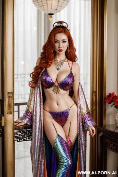 Chinese，rainbow sequin corset，tutu skirt， mesh robe，rainbow sequin bra ,necklace，rainbow large pointed thigh-high boots - ai-porn.ai - China on pornintellect.com