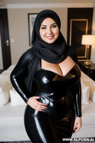 Smiling curvy russian thick wife wearing hijab and black super woman costume standing - ai-porn.ai - Russia on pornintellect.com