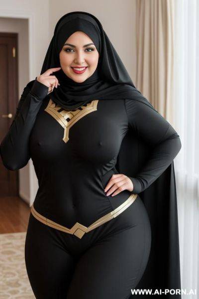 Smiling curvy russian thick wife wearing hijab and black superwoman costume standing - ai-porn.ai - Russia on pornintellect.com