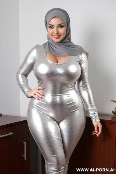 Smiling curvy russian thick wife wearing hijab standing silver - ai-porn.ai - Russia on pornintellect.com
