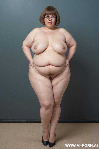 ((full body view)), bottomless, opened shirt, 4 y.o. ((puffy)) teacher with (( very hairy pussy, hairy pubic)) wrting on a blackboard, ыьфдд breasts and puffy belly, (standing legs spread), ((narrow hips)), classroom, blue pumps - ai-porn.ai on pornintellect.com