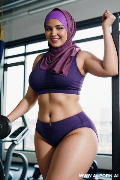 Smiling curvy russian chubby wearing hijab and panties working out in gym , full shot, - ai-porn.ai - Russia on pornintellect.com