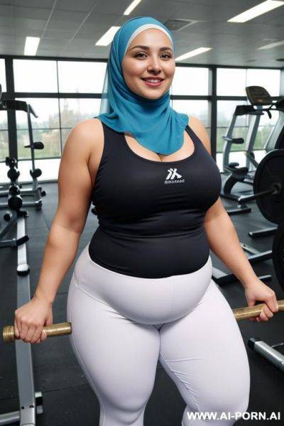 Smiling curvy russian chubby wearing hijab working out in gymfull shot, bottomless - ai-porn.ai - Russia on pornintellect.com