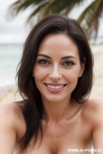 (((beautiful sexy attractive))) milf, (closeup), beach, overcast cloudy day with diffuse soft light, (eye contact), happy smile, [[lipstick]] - ai-porn.ai on pornintellect.com