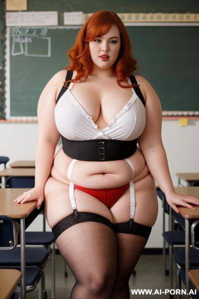 Full body photo shot, about at classroom, so chubby and so fat bbw curvy teacher, wearing a sexy and hot micro red ruffle microskirt and elegant micro garter belt top, speaking to the classroom. - ai-porn.ai on pornintellect.com