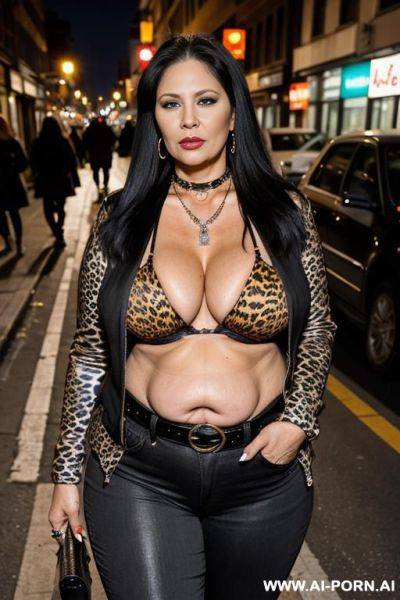 Fat old milf, animal print hooker outfit, huge saggy boobs, long straight hair, crop jacket, necklace, chocker, elries, street night, waist shot - ai-porn.ai on pornintellect.com