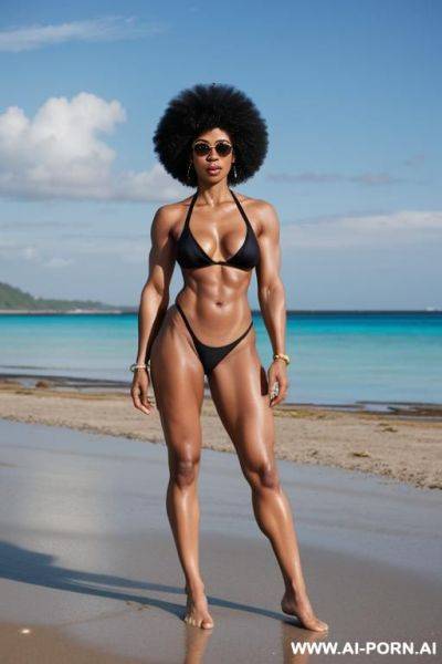 A lean fit muscular nude black asian woman with an afro, wearing sunglasses, standing on a beach - ai-porn.ai on pornintellect.com